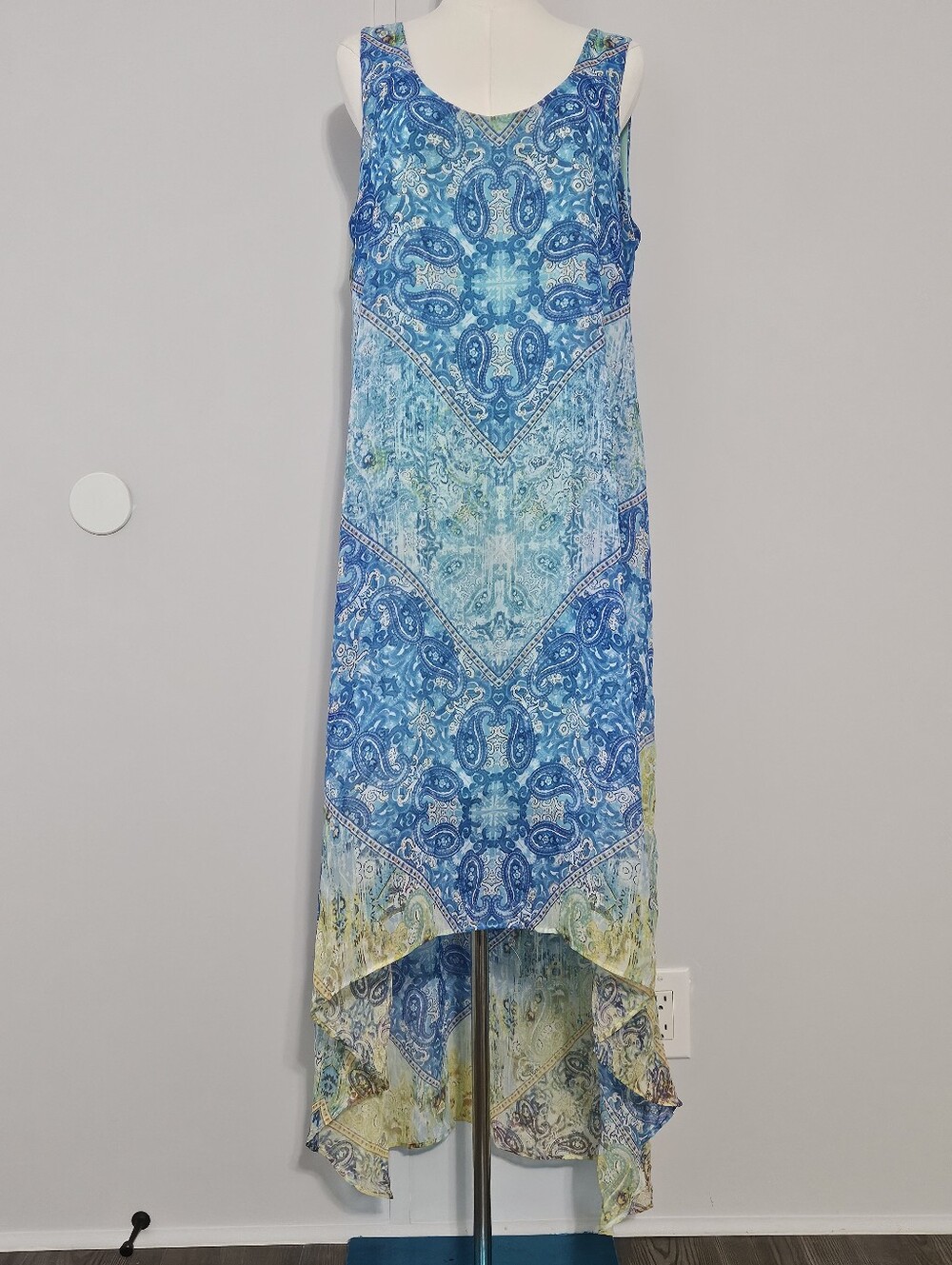 Emma & Michele Size XL Polyester Blue Aqua Yellow Women's Lined Tank Top Dress